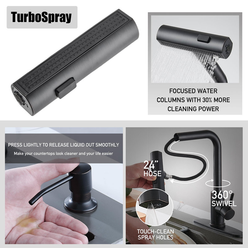 Modern Stainless Steel Single-Lever Kitchen Faucet With Pull-Down Nozzle With Soap Dispenser, Oil Rubbed Bronze