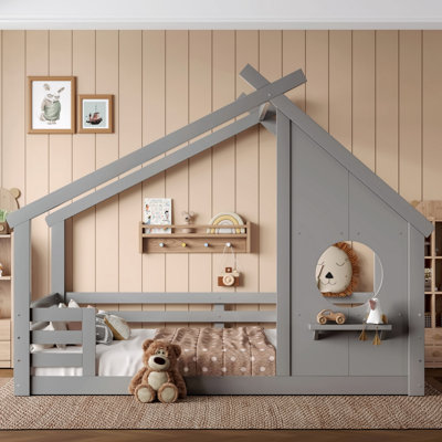 Floor Bed With Window And A Small Shelf, Solid Wood Floor Bed With House-Shaped Roof