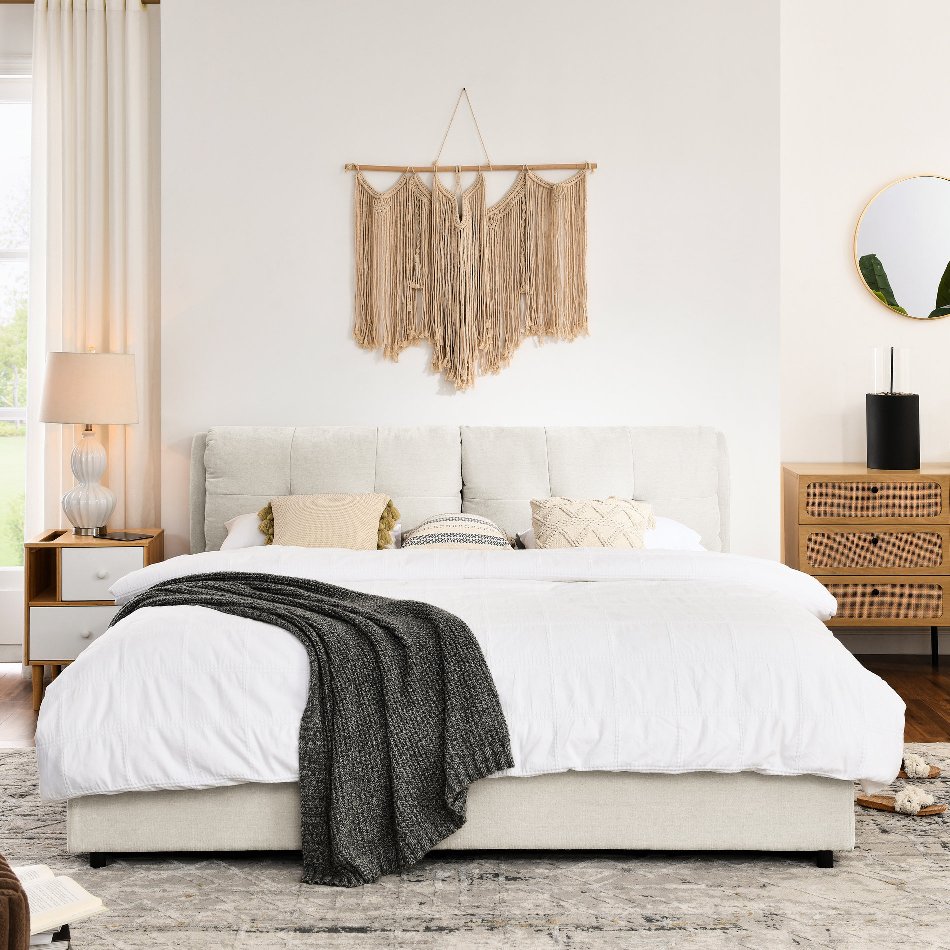 Latitude Run® Beige Chenille King Size Bed With Underbed Storage Option