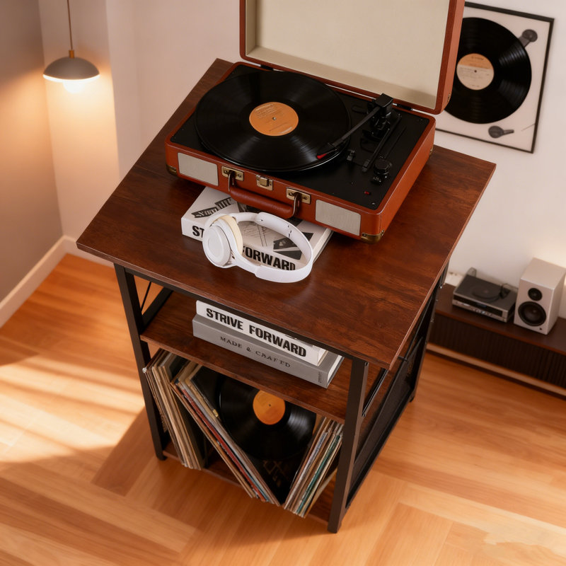 Compact Record Player Stand With Storage For 100 Vinyl Albums, Turntable Console, Rustic Brown
