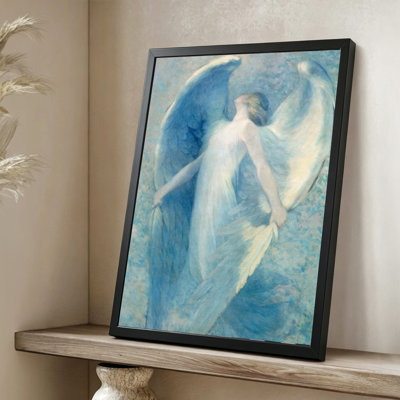 Ange abstrait moderne avec des ailes déployées, la tête inclinée vers l'arrière, style aquarelle éthéré. Art mural 24 "x 36" avec cadre en bois noir