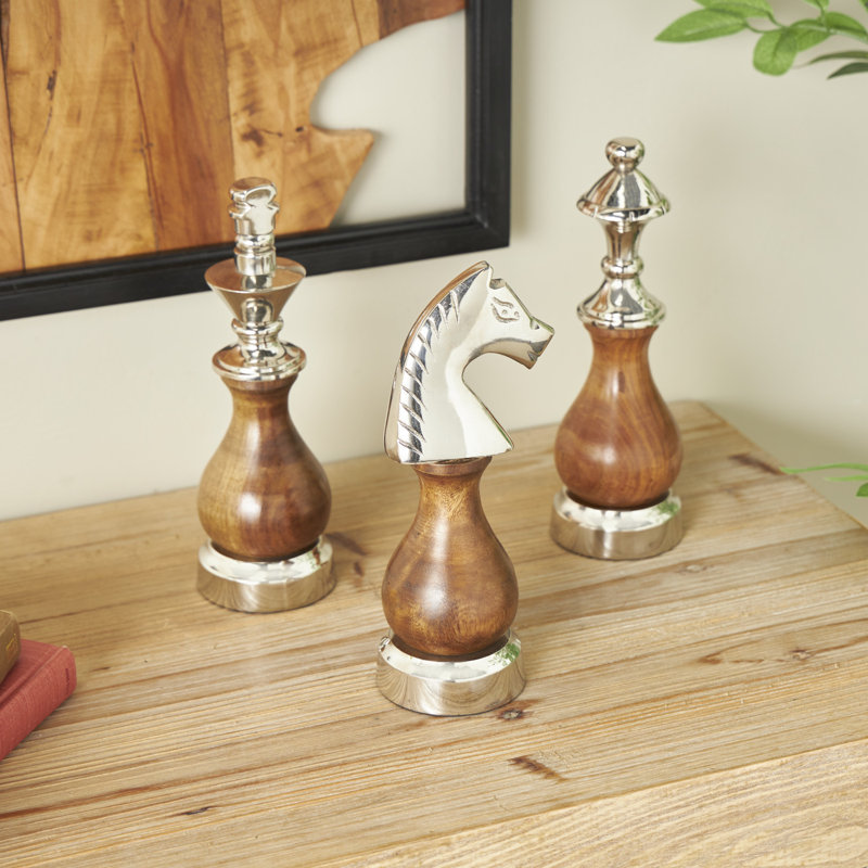 Ensemble de sculpture 3 pièces Bollen Bishop Chess, H 8,65 po x l 2,85 po x P 2,85 po, Brun
