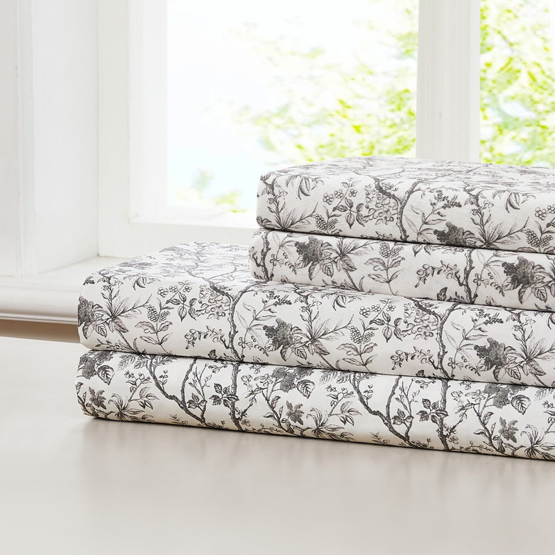 Modern Threads 4-Piece Ultra Soft Microfiber Sheet Set with Deep Pockets in Solids & Prints, Grey Floral