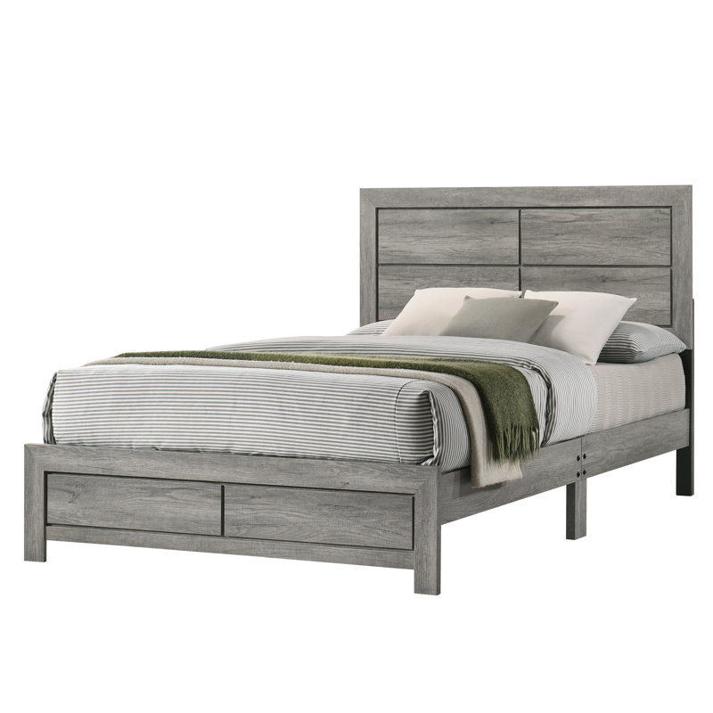 Grand lit plateforme rustique robuste 1pc avec tête de lit épurée et finition grain de bois gris, Grand lit