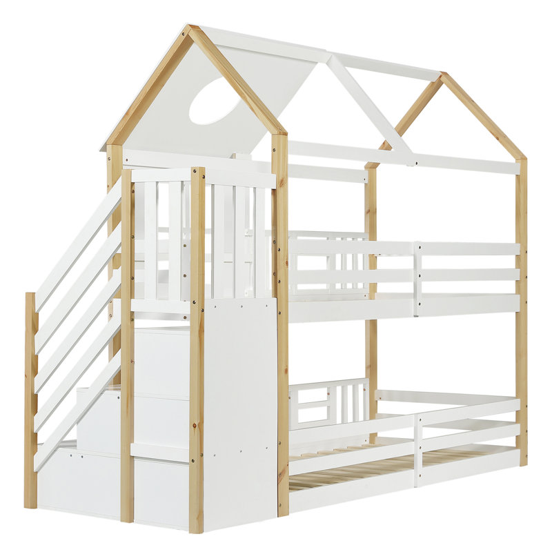 Bunk Bed With Storage Staircase – House Bed Frame With Roof, Window & Safety Rails, Pine & MDF, White, 90 X 200Cm