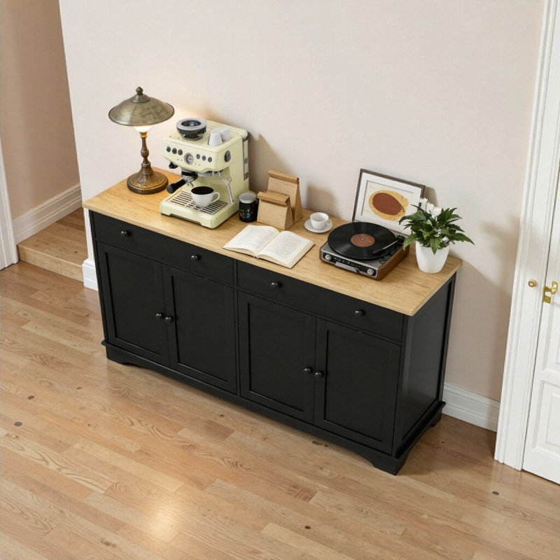 Buffet 55 po moderne noir et chêne avec tiroirs, tablettes réglables et conception anti-basculement - Buffet de rangement pour la cuisine