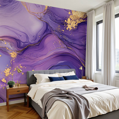 Papier peint à peler et coller abstrait or mauve, art fluide, tourbillons élégants, décorations métalliques, papier peint amovible en PVC, H 100 po x l 144 po, pour mur, salon, bureau à domicile