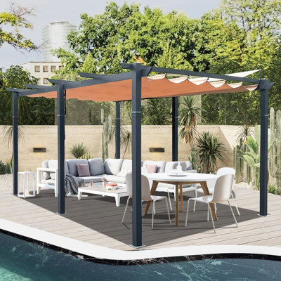 11 X 16 Ft Courtyard Pergola In Khaki. Aluminum Construction, Canopy, Retractable For Sun Adjustment, Easy To Put Together, Multi-purpose Patio Gazebo - Framework, Strong Canopy Material, Shielding,