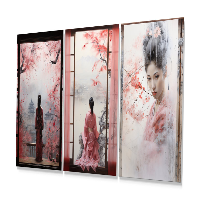 Ensemble de 3 décorations murales japonaises en métal rose Japon, H 32 po x l 48 po