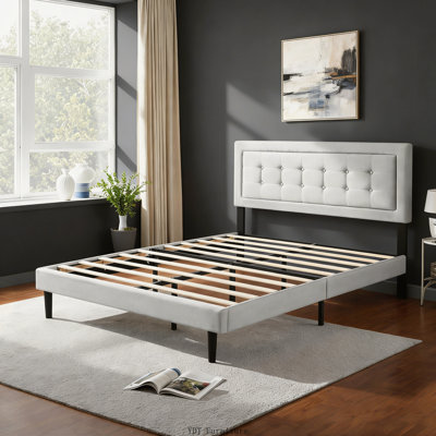 Grand lit plateforme tapissier, cadre de chambre à coucher facile à assembler, gris clair