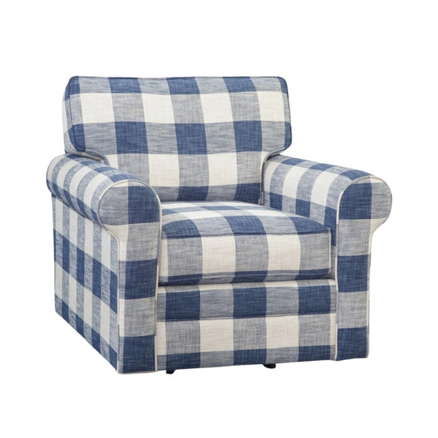 Blue and white buffalo check armchair with rolled arms and a deep seat cushion.