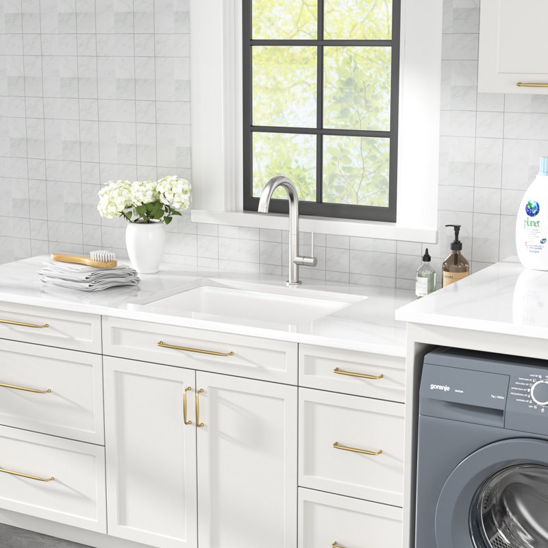 Évier de cuisine encastré 21 po à cuve simple en granite de quartz avec accessoires de poste de travail, White