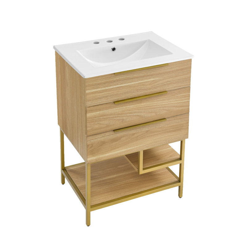 Carre 24 In. White Oak Bathroom Vanity With 3-Hole Ceramic Sink Top, White