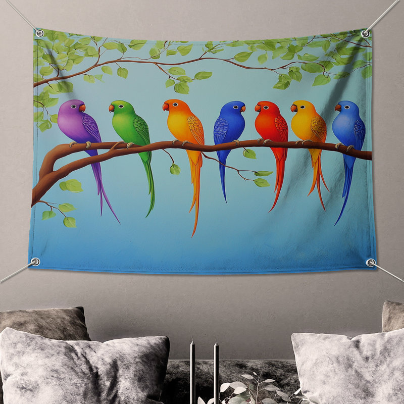 Tapisserie murale "Perroquets" - Décoration murale animaux, H 51 po x l 60 po avec 4 œillets