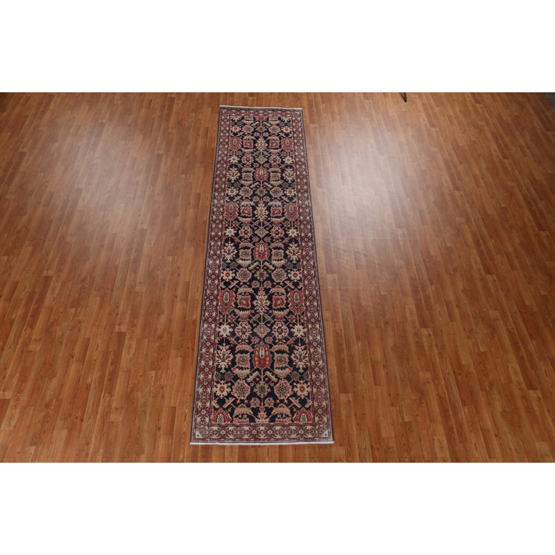 Tapis de couloir turc floral bleu marine / rouge / ivoire / vert clair noué à la main de conception unique 2 pi 11 po x 11 pi 8 po Ziegler