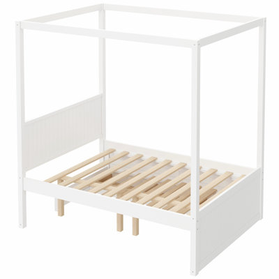 Lit plateforme à baldaquin double avec lit gigogne simple, 3 tiroirs de rangement, tête de lit, blanc
