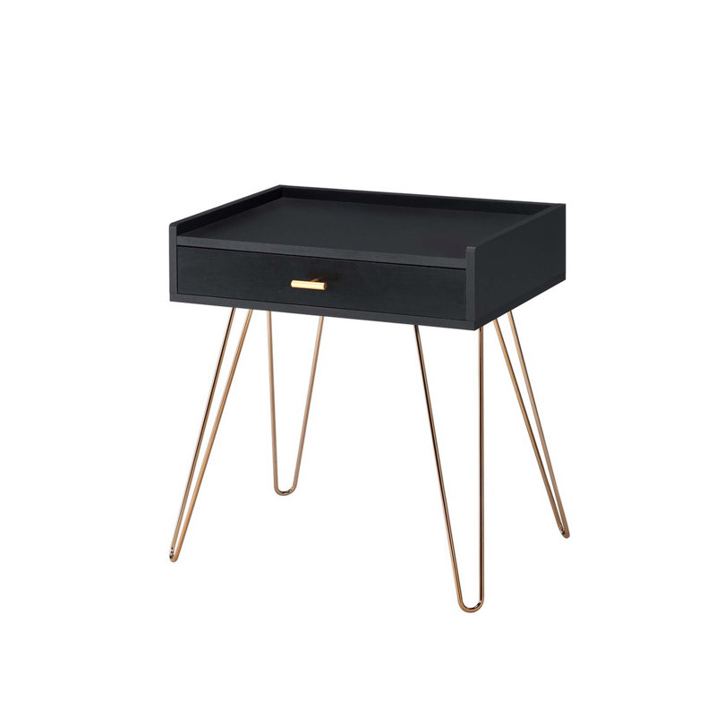 Table d'appoint 23,5 po Mid-Century Allen noire avec pieds en épingle à cheveux en cuivre