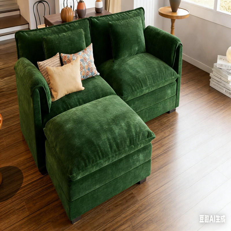 Canapé modulaire 2 places avec repose-pieds Amabilia, Chenille verte