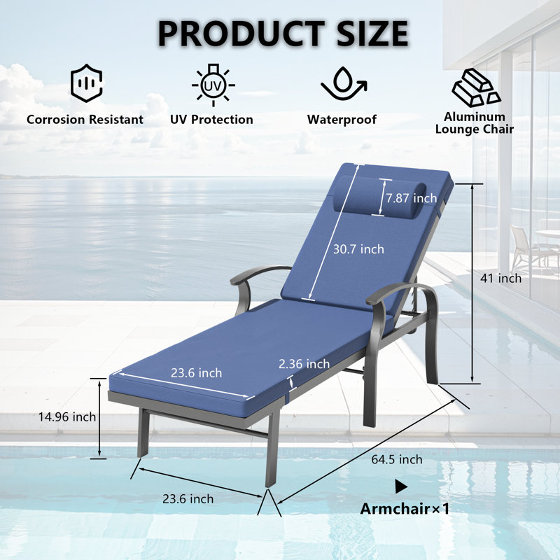 Deianna Adjustable Outdoor Aluminum Chaise Lounge Chair with Cushions, Ergonomic Armrests & Rust-Resistant Frame for Sunbathing