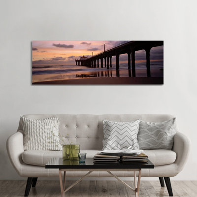 Low Angle View of a Hut on a Pier, Manhattan Beach Pier, Manhattan Beach, Los Angeles County, California, USA 1 Piece Wrapped Canvas Panoramic Wall Art