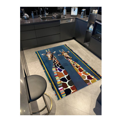 Tapis lavable décoratif moderne à motif girafe bleu
