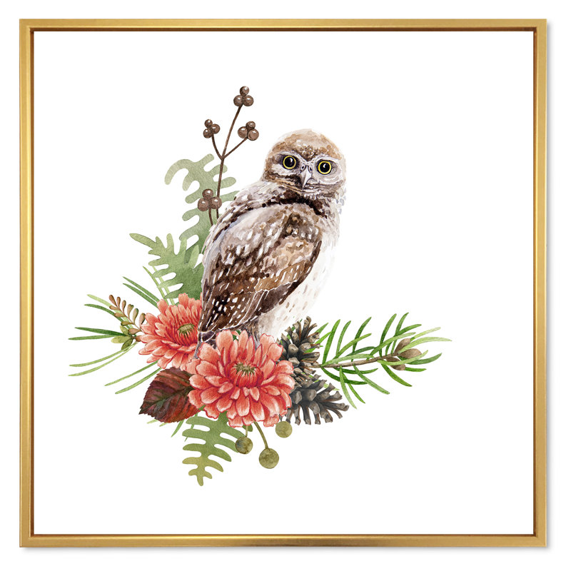 Chouette sur une branche - reproduction d'art sur toile traditionnelle, H 36 po x l 36 po x P 1 po, Cadre flottant doré