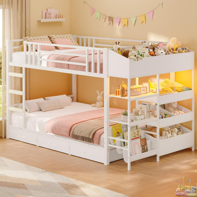 Twin Over Twin Bunk Bed with LED Lights, Under-Bed Storage Drawers, Side Multi-Purpose Storage Boxes & Bookshelf, Ladder and Safety Guardrail, No Box Spring Needed, White