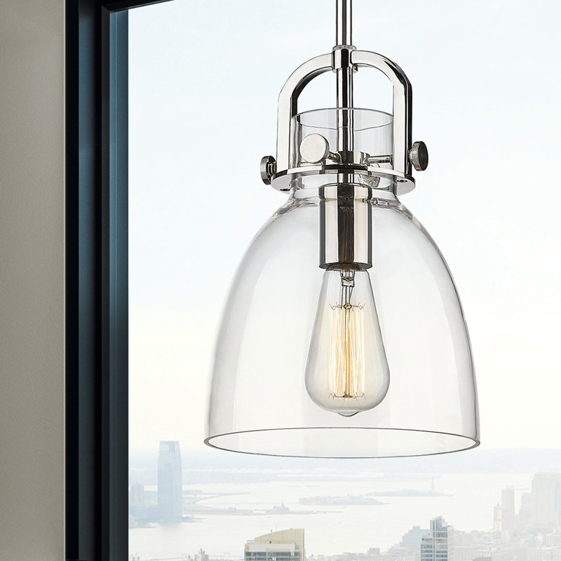 Luminaire suspendu sur tige 1 lumière Wimbush, H 9,63 po x l 8 po x P 8 po, Clair, Nickel poli