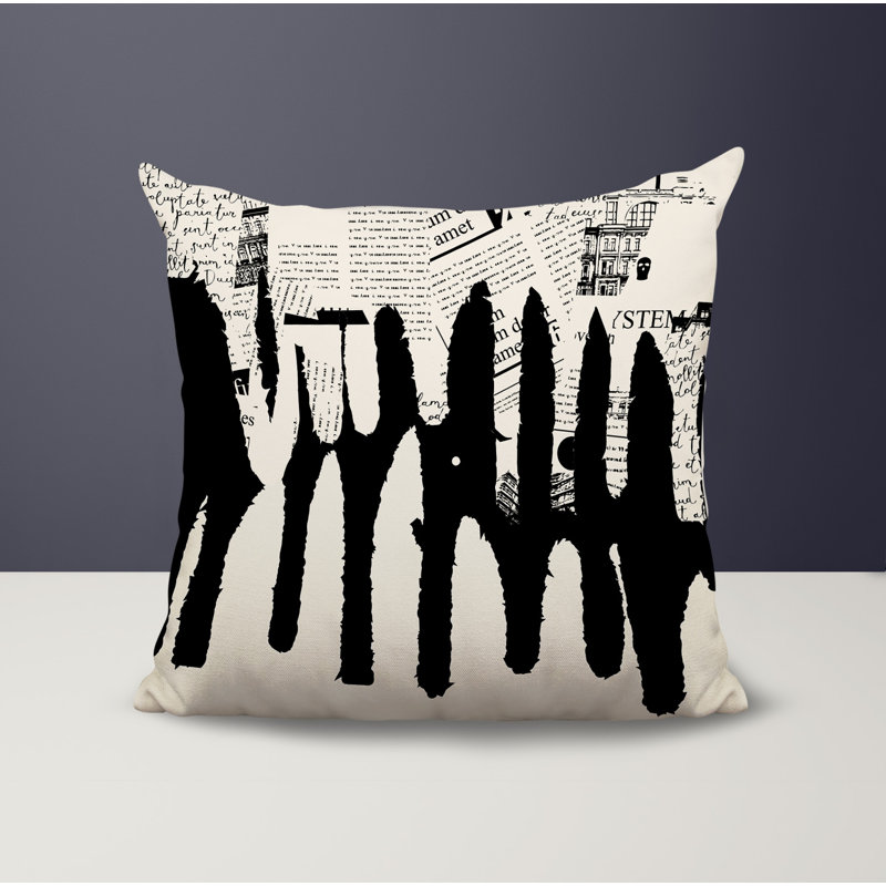 Oreiller carré réversible intérieur / extérieur Kisha, H 19 po x l 19 po, Blanc cassé / abstrait noir