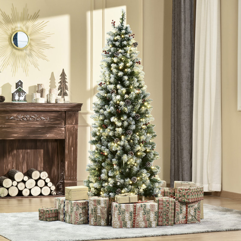 ? Décoration de Noël? Arbre de Noël artificiel pré-éclairé enneigé avec branches réalistes, 460 lumières DEL, baies de pommes de pin et 1298 pointes