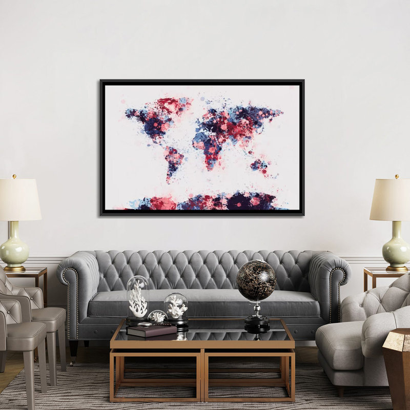 «World Map Paint Drops II» par Michael Tompsett, impression sur toile, H 40 po x l 60 po x P 1,5 po, Toile avec cadre noir