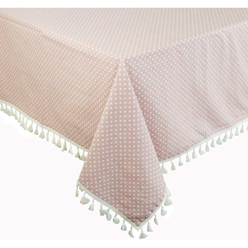 Polka Dots Tassel Cotton Blend Pink Tablecloth 55"W X 55"L