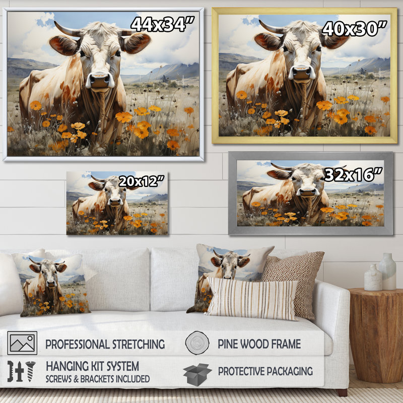 «Cow in the Meadow IV», reproduction d'art sur toile, Cadre doré à une seule photo, H 16 po x l 32 po x P 1 po