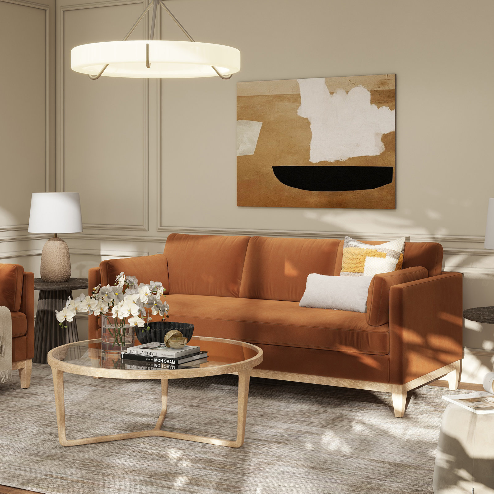 Pera 84'' Upholstered Sofa, Burnt Orange Velvet