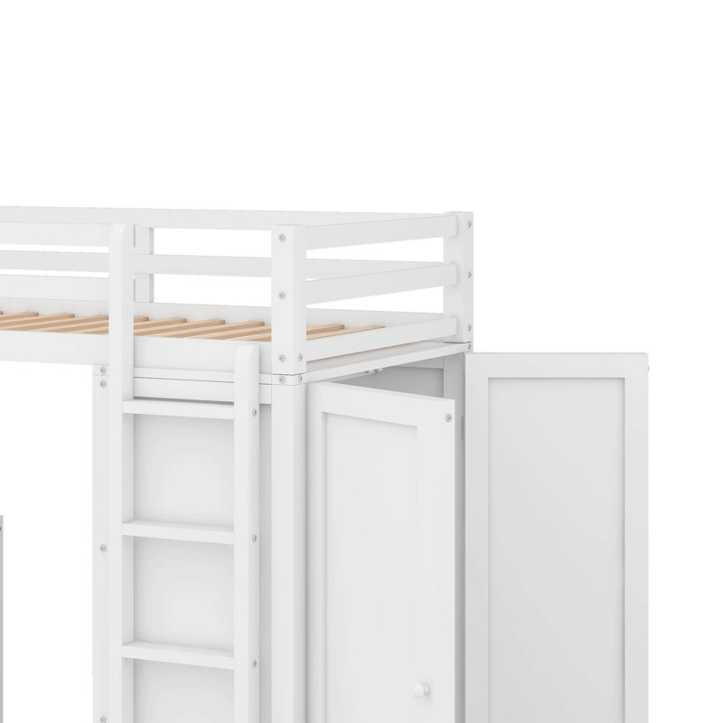 Lit mezzanine simple avec tiroirs, bureau et garde-robe, Blanc