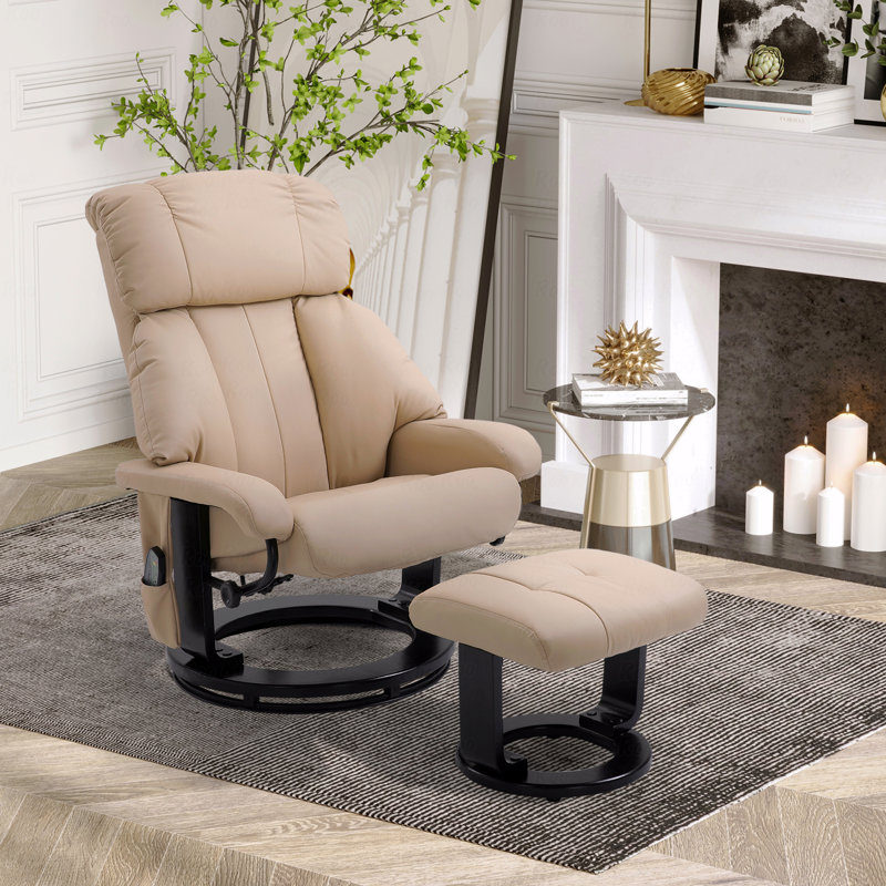 Avec fauteuil inclinable avec fonction de massage et repose-pieds, pivotant à 360 ° avec fauteuil inclinable et repose-pieds, fauteuil vibrant inclinable en cuir PU avec poche latérale et télécommande, 10 points, beige