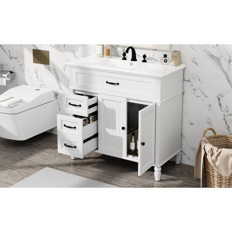 Meuble-lavabo blanc de 36 pouces avec lavabo en céramique, structure solide, poignées en aluminium, fermeture en douceur, pour la plomberie, facile à installer en bois de 36 po et blanc, design classique rétro, tiroirs, un ensemble,