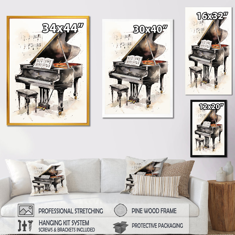Midnight Black Piano Tranquility III - musique, art mural, Cadre photo noir, H 40 po x l 30 po x P 1,5 po
