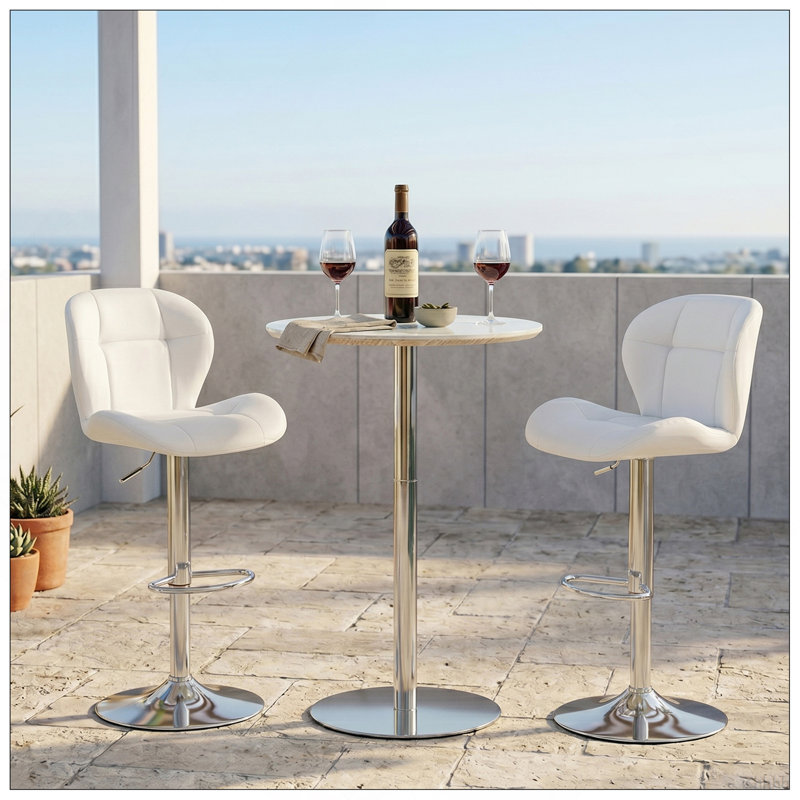 Ensemble de table de bar et tabourets réglables, table de hauteur de bar ronde avec plateau en pierre frittée et 2 tabourets de bar en cuir de polyuréthane blanc avec siège rembourré, ensemble bistro pivotant pour petits espaces