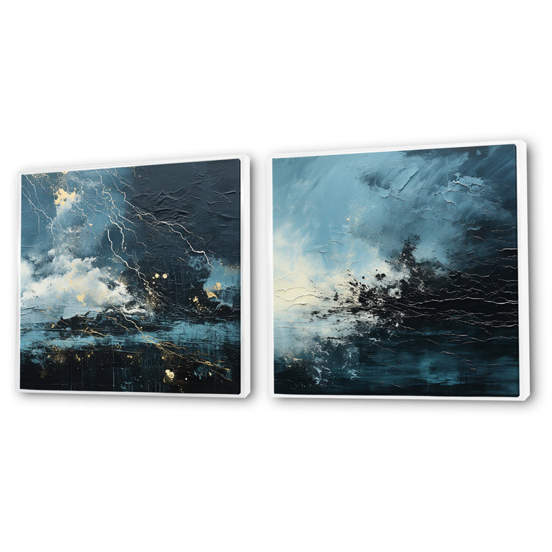 "Minimalisme noir et bleu ouragan" 2 pièces, H 16 po x l 33 po, Cadre flottant blanc