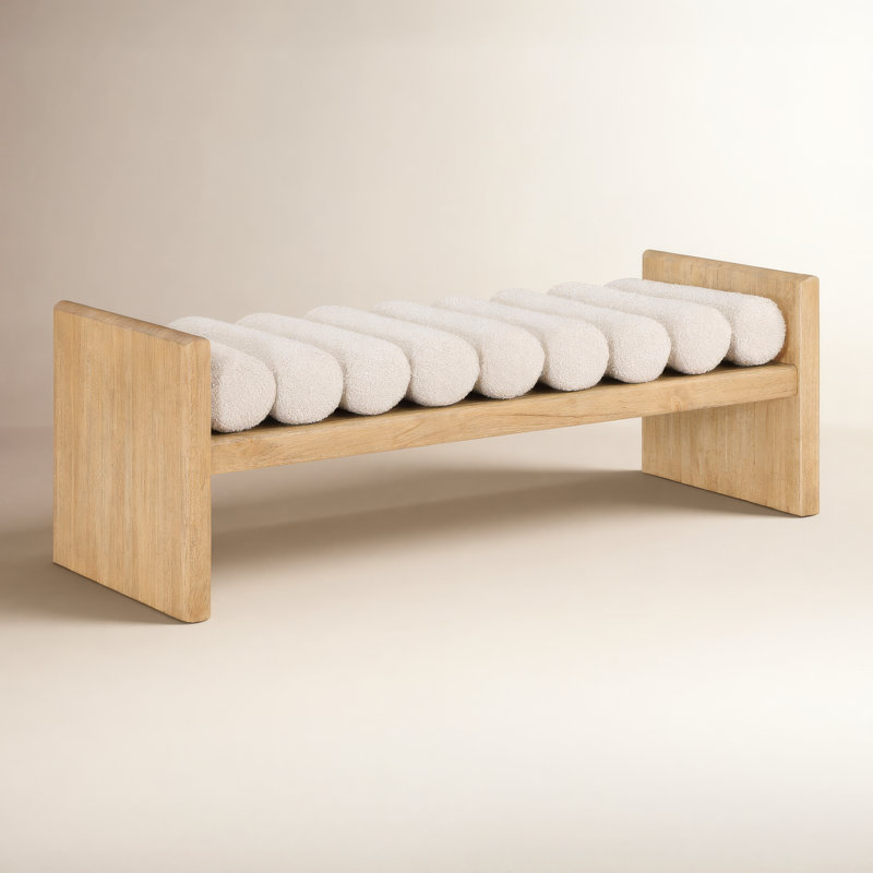Banc en bois Boucle, Tissu crème bouclé / finition naturelle, H 18 po x l 52 po x P 19 po