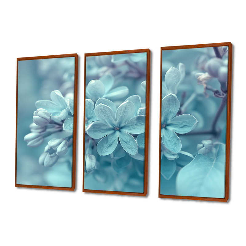 Ensemble de salon art mural lilas bleu et blanc, Toile avec cadre flottant brun, H 32 po x l 48 po x P 1 po