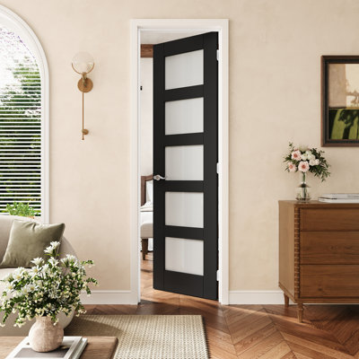 Porte pré-suspendue intérieure en verre givré noir de 24 po x 80 po à 5 lumières avec charnières argentées, dalle de porte en verre avec cadre d'intimité, insonorisant et imperméable, combinaison pour la lessive, portes de placard, portes de pièce, droite