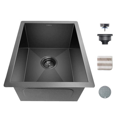 Évier de cuisine encastrable 14 po x 18 po - Finition en céramique noire lustrée Nanotek, bol simple en acier inoxydable 304 de calibre 16 pour bar, préparation ou pour la cuisine