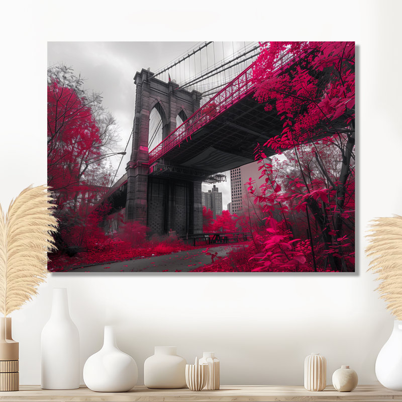 Rose, gris, pont de Brooklyn, New York, reproduction d'art murale - pont, Métal métal, H 12 po x l 20 po x P 1 po