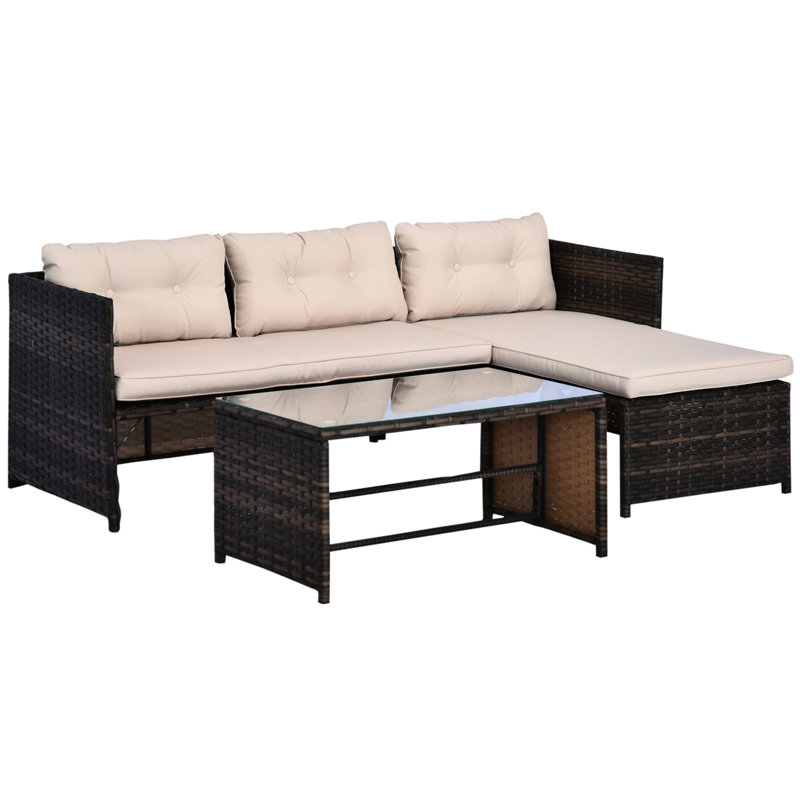 Patio Furniture - 3 Piece With Chaise & , Soft Padded Seats, Wipe Glass Table, , Beige Couch Cushioning, ,