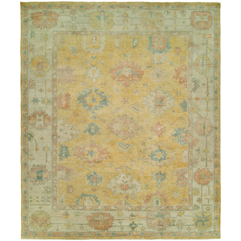 Hand Knotted Wool Ikat Area Rug in Yellow, Rectangle 9' x 12'