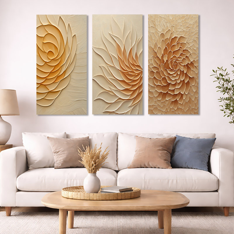 «Solar Flare Botanical Dream - Art botanique abstrait encadré 3 pièces, 32" H x 48" W, Wrapped Canvas