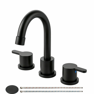 Robinet de salle de bain moderne à large entraxe avec bec pivotant à arc élevé, bonde escamotable et conduites d'alimentation