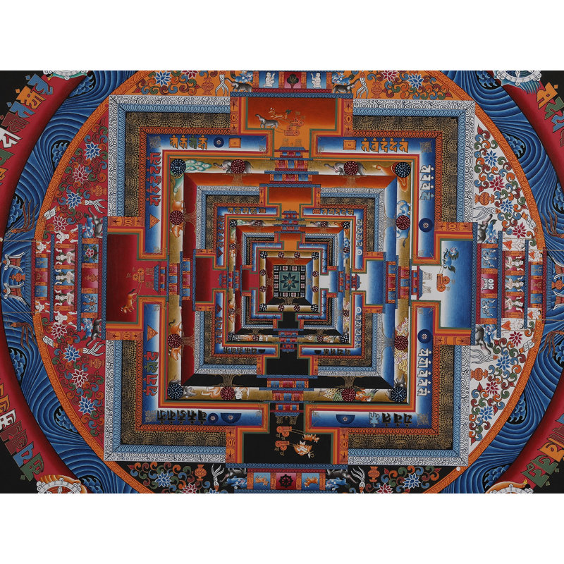 Mandala à roue Kalachakra avec bordure décorative - Grand carré Thangka tibétain peint à la main avec des accents en or 24 carats, art de la méditation géométrique sacrée complète 31,5 po x 31,5 po